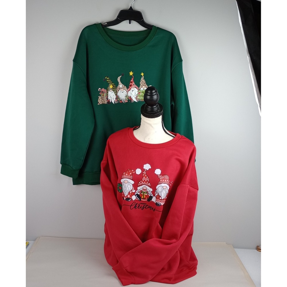 Unbranded Women XL Red Green Christmas Gnome Graphic Holiday Pullover Sweatshirt